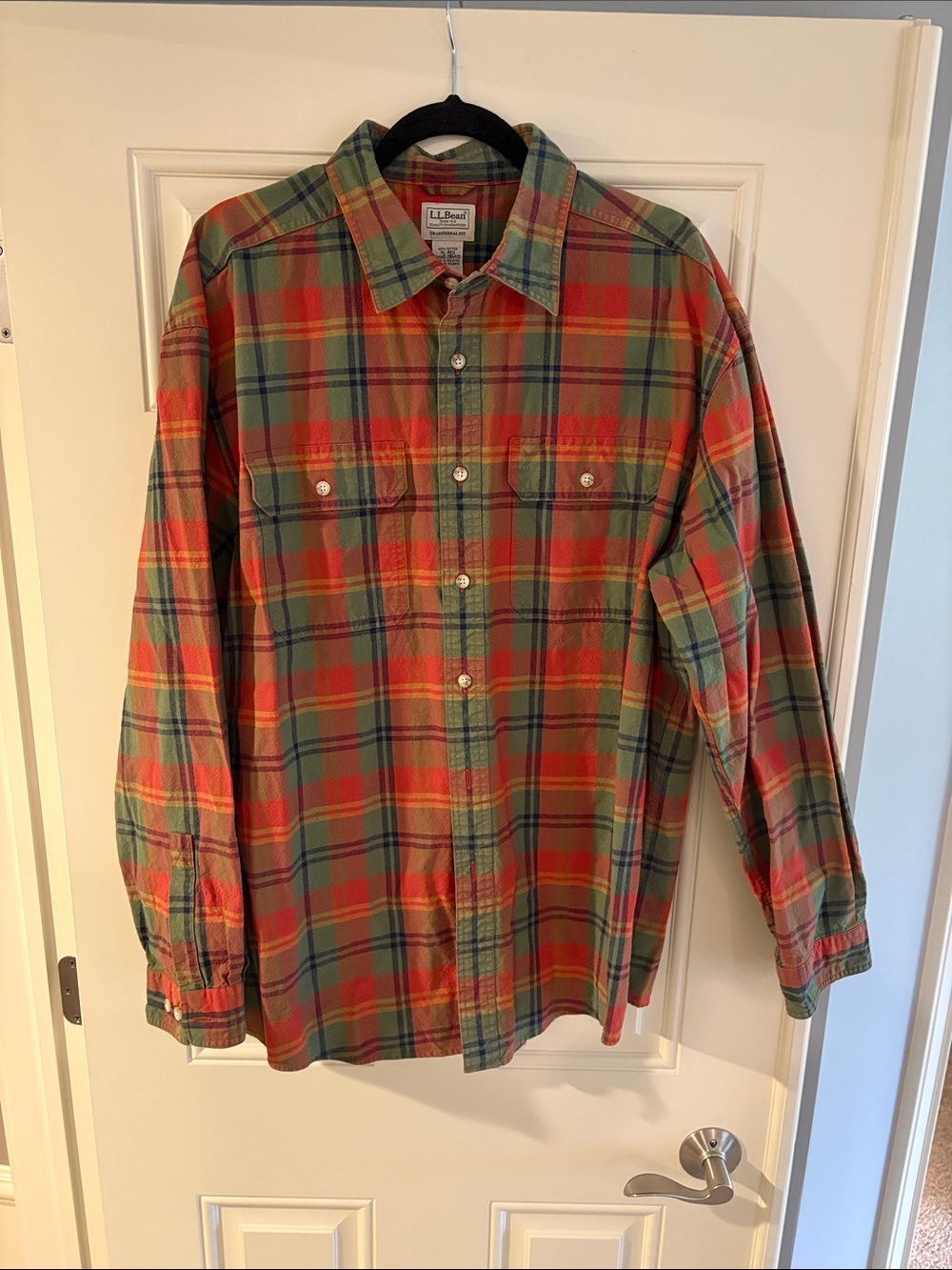L.L. Bean Red & Olive Plaid Flannel Shirt